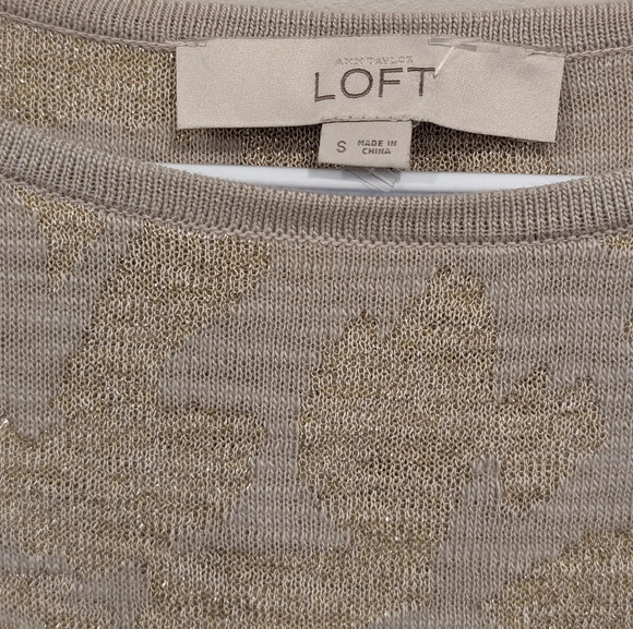 Ann  Taylor Loft Beige & Gold Sparkle Wool Blend Printed Sweater Womans Small - Picture 2 of 8